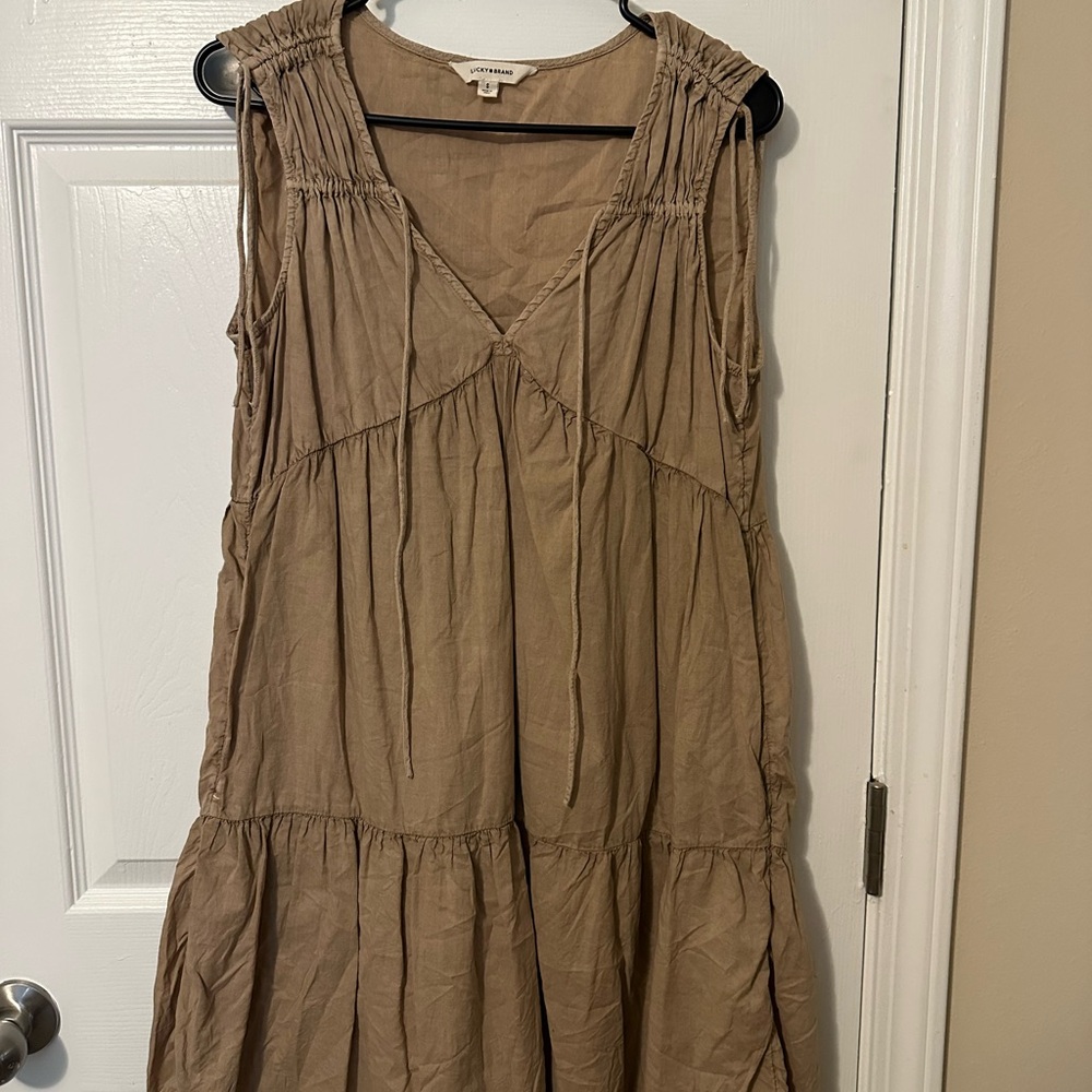 PRICE DROP Lucky Brand Poplin Shoulder Cinched Mini Dress Dull Gold Size S - Picture 5 of 8
